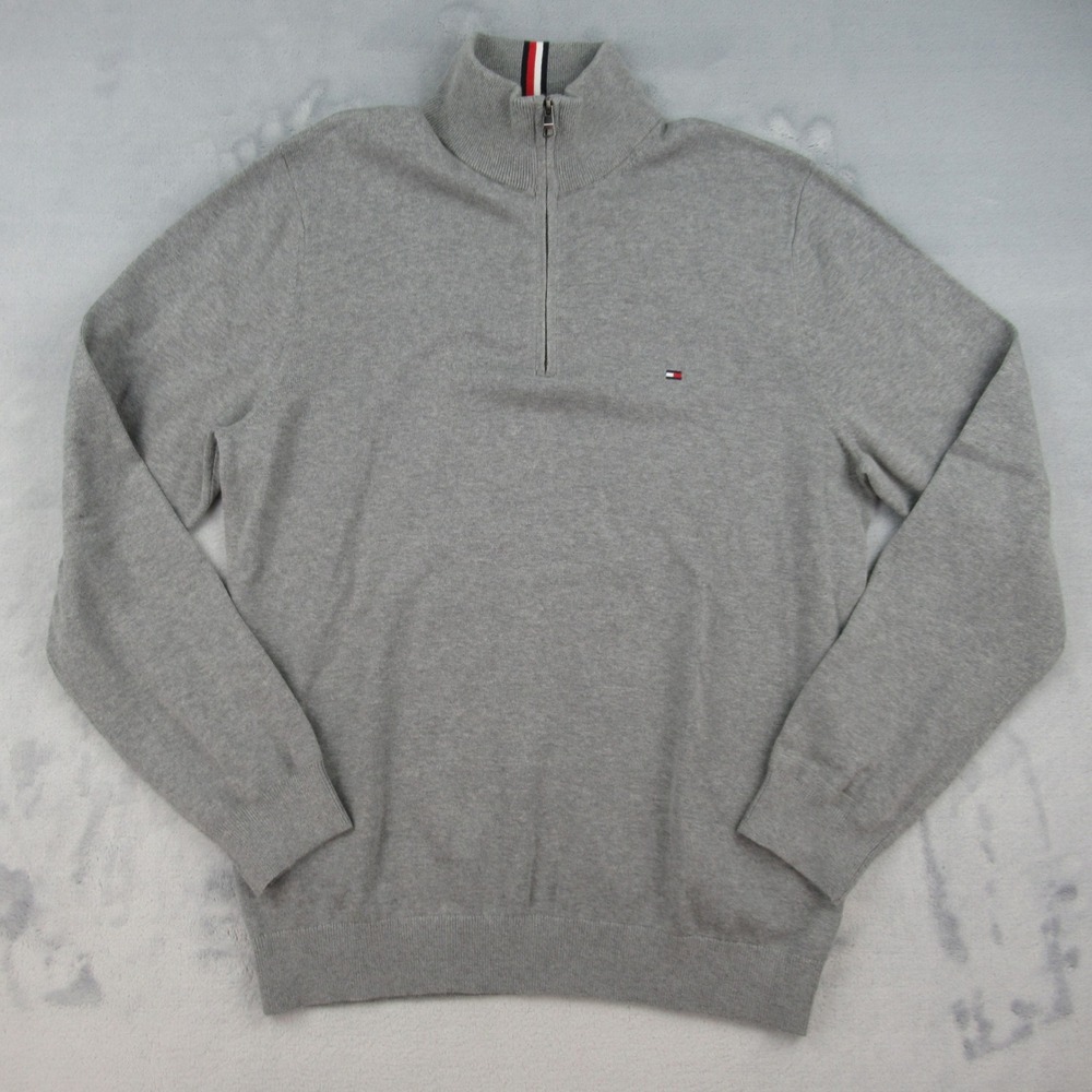 Tommy Hilfiger Sweater Mens Large Gray Quarter Zip Pullover Cotton 78J9329
